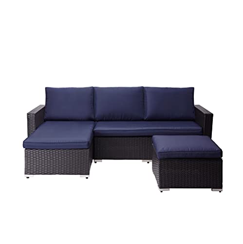 Teamson Home Terrasse Gartenmöbel, 3-Teiliges Rattan Weide Schnitt Set mit 2er-Sofa, Chaiselongue, Tisch und Kissen, Braun/Blau von Teamson Home