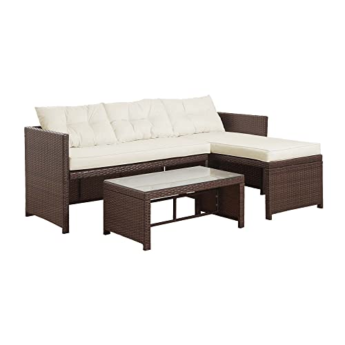 Teamson Home Terrasse Gartenmöbel, 3-Teiliges Rattan Weide Schnitt Set mit 2er-Sofa, Chaiselongue, Tisch und Kissen, Braun/Creme von Teamson Home