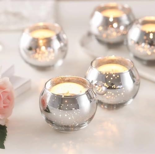 Tebery 12 Stück runde silberne Votivkerzenhalter Quecksilberglas Teelichthalter für Hochzeiten und Wohnkultur von Tebery
