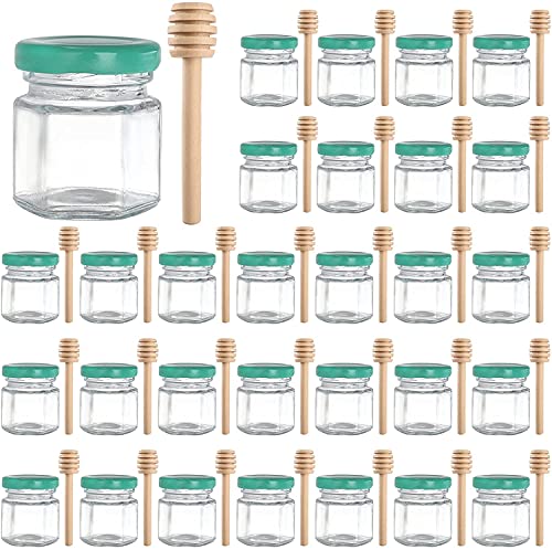 Tebery 30 Stück 45ml Mini Hexagon Glas Honiggläser mit Holzlöffel, kleine Honigtopf Marmeladengläser, perfekt für Babyparty, Hochzeitsgeschenke, Partygeschenke, grüne Deckel von Tebery