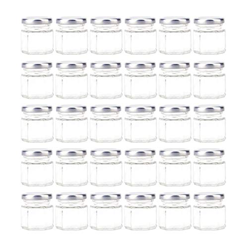 Tebery 30 Stück 45 ML Mini Hexagon Gläser mit silbernen Plastisol ausgekleideten Deckeln für Gewürze, Honig, Konserven, Geschenke und Kunsthandwerk von Tebery