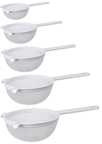 Tebery 5 Stück Kunststoff Sieb, Küchensieb Set, Teesieb Haushaltssieb mit Nylonnetz, Weiß, ø 8cm + ø 10cm + ø 14cm + ø 18cm + ø 20cm von Tebery