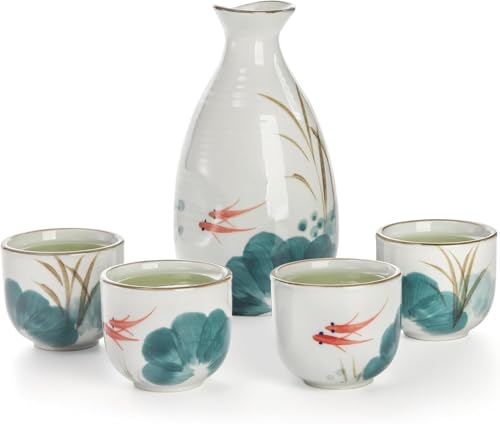 Tebery 5 Stück Keramik Japanisch Sake Set Soju Tee Set, Porzellan Sake Tokkuri Flasche 8 fl oz und 2 fl oz Sake Ochoko Tassen (Goldfisch) von Tebery