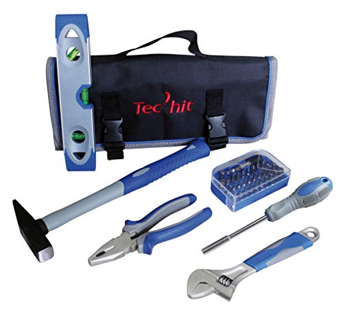 TEC HIT 500036 Werkzeugtasche mit 36 Teilen, Wasserwaage, Hammer Rivoir Adapter, Schraubenschlüssel, Zange, 30 Schrauben-Bits von Tec Hit