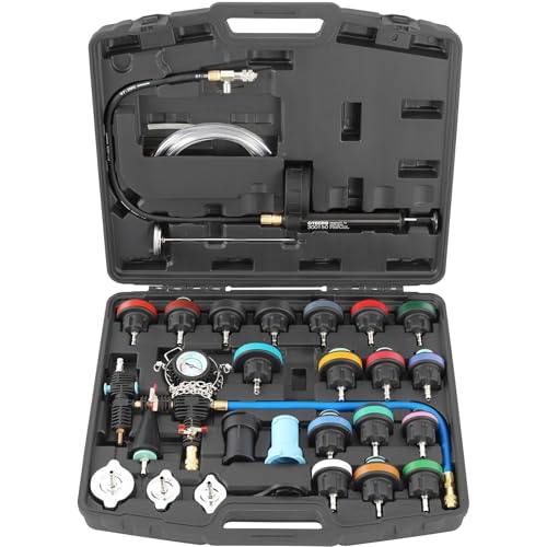 TECPO Kühlsystem Prüfgerät, Vakuum-Abdruck-Set, für PKW & leichte LKW, mit Pumpe, Manometer & Kühleradaptern, Druckprüfung 0-2,5 bar & Dichtheitskontrolle mit Vakuum-Wartungsset für Kühlmittel von TECPO