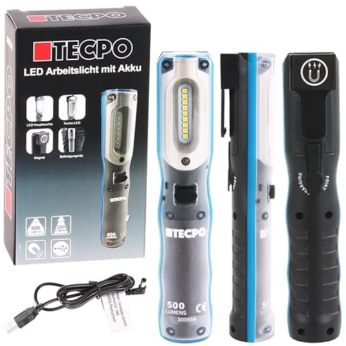 TECPO AKKU Werkstattlampe LED Inspektionsleuchte magnetisch 500 Lumen Handlampe 6500K 5+3 Watt Stablampe SMD Technik Lithium-lonen 3.7V 2500 mAh von TECPO