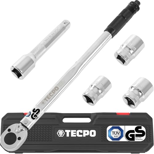 TECPO Drehmomentschlüssel Satz 1/2 Zoll Werkzeug 470mm lang 40-210 Nm 3x Steckschlüssel Nüsse 17mm 19mm 21mm + Verlängerung 125 mm lang aus Chrom Vanadium Stahl von TECPO