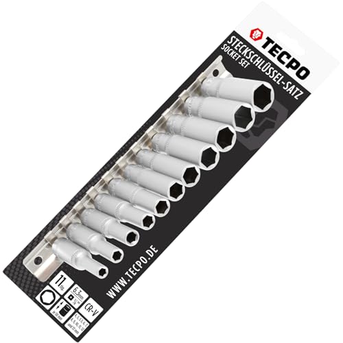 TECPO Steckschlüssel-Satz, tief, 11-teilig, SW 4-13 mm, 1/4 Zoll Antrieb, Chrom-Vanadium-Stahl, matt verchromt, Seitliche Rändelung für besseren Halt, 50 mm Länge, Auf Steckschlüsselleiste sortiert von TECPO