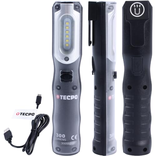 TECPO Werkstattlampe Akku LED Handlampe 300 Lumen 6500K Stablampe + USB Kabel von TECPO