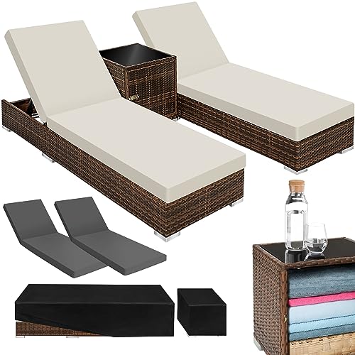 tectake 2er Lounge Sonnenliegen Set Plus Tisch – inkl. 2 Bezugsets und Schutzhülle, Outdoor Poly Rattan Gartenmöbel Set, 2X Gartenliege wetterfest - braun von tectake