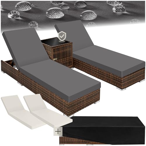 tectake® 2er Lounge Sonnenliegen Set Plus Tisch – inkl. 2 Bezugsets und Schutzhülle, Outdoor Poly Rattan Gartenmöbel Set, 2er Set - braun von tectake