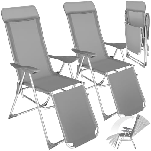 tectake® 2er Set Alu Sonnenliege Liegestuhl, Gartenstühle 5-Fach verstellbare Rückenlehne, Gartenliege mit Fußteil, leicht & klappbar, Relaxsessel mit Kopfpolster, für Camping Garten Balkon - grau von tectake