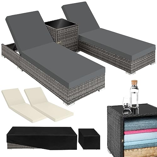 tectake 2er Lounge Sonnenliegen Set Plus Tisch – inkl. 2 Bezugsets und Schutzhülle, Outdoor Poly Rattan Gartenmöbel Set, 2X Gartenliege wetterfest - grau von tectake