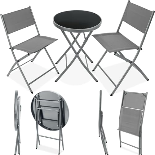 TecTake 403588 Bistroset, Tisch mit Glasplatte und 2 Stühlen, Balkonset, Robustes Gestell aus Stahl, einfacher Auf- und Abbau (Grau) von TecTake