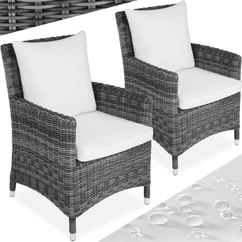 tectake® Gartenstühle, 2er Rattan Gartenmöbel Set, bis 120 kg belastbar, Rattansessel wetterfest für Wintergarten, Balkon, Terrasse, Gartensessel inkl. Sitz- und Rückenkissen - grau/weiß von tectake