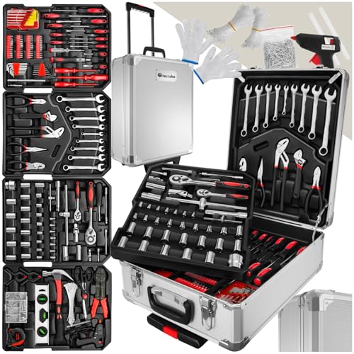 tectake® Werkzeug Set im Aluminium Koffer, Werkzeugkoffer gefüllt, 599-tlg., Tool Werkzeugwagen fahrbar, Trolley mit 4 Ebenen, Teleskopgriff, Werkzeugkiste groß, Elektriker Werkzeug - schwarz tectake® Werkzeug Set im Aluminium Koffer, Werkzeugkoffer gefüllt, 599-tlg., Tool Werkzeugwagen fahrbar, Trolley mit 4 Ebenen, Teleskopgriff, Werkzeugkiste groß, Elektriker Werkzeug - schwarz von tectake