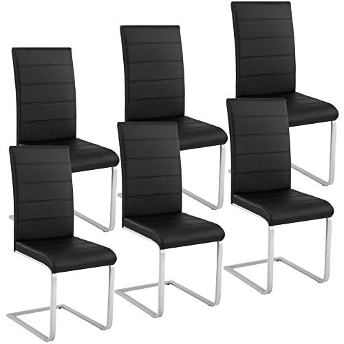 tectake Freischwinger Schwingstuhl, Stuhl 6er Set, Moderne Esszimmerstühle oder Küchenstühle mit strapazierfähigem Kunstleder Bezug - schwarz von tectake