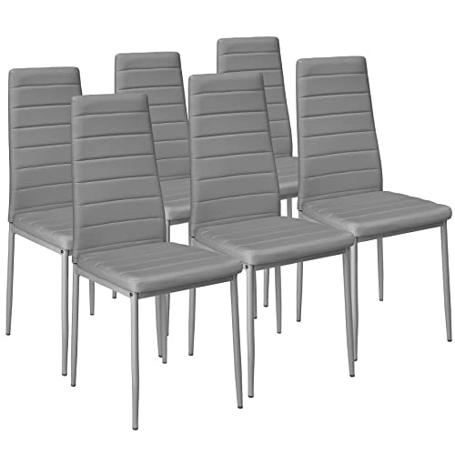 tectake® eleganter Stuhl mit hoher Rückenlehne, 6er Set, Pflegeleichte Esszimmerstühle, Küchenstühle 6er Set, Stühle 41x45x98,5cm, Polsterstuhl modern und bequem (grau) von tectake
