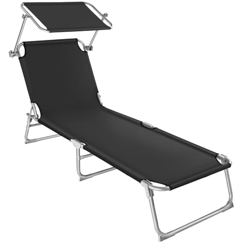 tectake Liegestuhl Garten mit Sonnenschutz, Gartenliege klappbar, Balkon oder Terrassen Liege mit Verstellbarer Rückenlehne, Strandliege mit Sonnendach, bis zu 110 kg belastbar - blau- schwarz von tectake