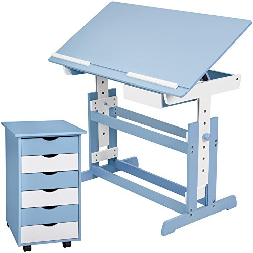 tectake 800062 Schreibtisch mit Rollcontainer, Schreibtisch neig- & höhenverstellbar, Rollcontainer mit 6 Schubladen (Blau | Nr. 401241) von tectake