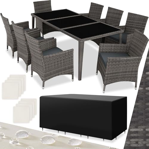 tectake Aluminium Poly Rattan Gartenmöbel Set 8 Stühle mit Tisch mit Glasplatten, inkl. 2 Bezugssets und Schutzhülle, wetterfeste Balkon Möbel - grau von tectake