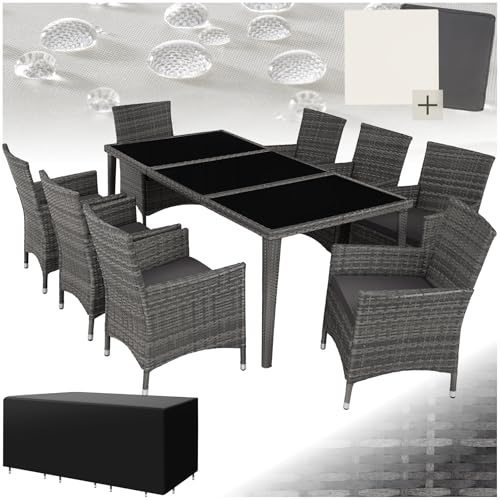 tectake Aluminium Poly Rattan Gartenmöbel Set 8 Stühle mit Tisch mit Glasplatten, inkl. 2 Bezugssets und Schutzhülle, wetterfeste Balkon Möbel - grau von tectake