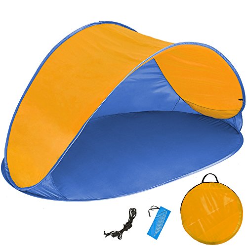 tectake® Strandmuschel Pop Up Zelt 2 Personen, Wurfzelt 220x120x100cm, Strandmuschel UV Schutz, Windschutz Strand Zubehör, Windschutz Camping, Sonnenschutz Garten, Campingzelt - blau/orange von tectake