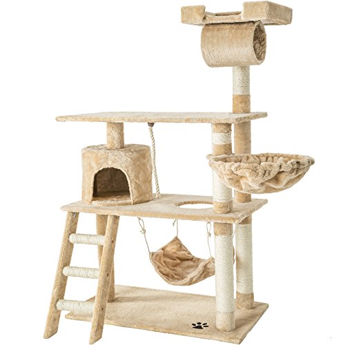 tectake Katzen Kratzbaum, Katzenbaum, Kletterbaum, 141cm hoch, Katzenhaus Indoor mit Hängematte, Höhle, Spielseil und Treppe, Plüsch Sisal, Katzen Kratzmöbel mit Spielzeug, extra breit - beige von tectake