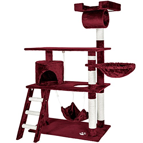 tectake Katzen Kratzbaum, Katzenbaum, Kletterbaum, 141cm hoch, Katzenhaus Indoor mit Hängematte, Höhle, Spielseil und Treppe, Plüsch Sisal, Katzen Kratzmöbel mit Spielzeug, extra breit - weinrot von tectake