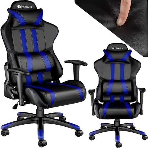 tectake Bürostuhl, Gaming Stuhl mit verstellbaren Rücken- und Armlehnen, Sessel inkl. Nackenkissen & Lordosenstütze, höhenverstellbarer Bürostuhl ergonomisch, Gaming Chair 360° drehbar - schwarz/blau von tectake