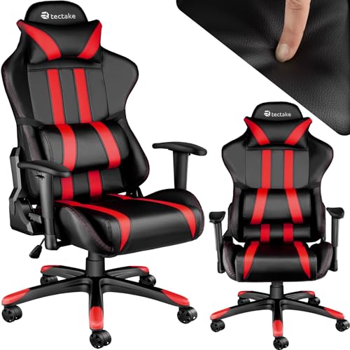 tectake Bürostuhl, Gaming Stuhl mit verstellbaren Rücken- und Armlehnen, Sessel inkl. Nackenkissen und Lordosenstütze, höhenverstellbarer Bürostuhl ergonomisch, gaming chair 360° drehbar - schwarz/rot von tectake