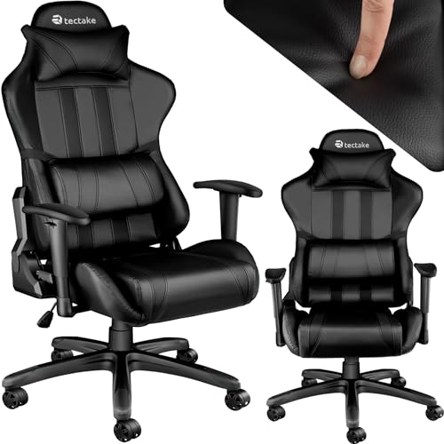 tectake Bürostuhl, Gaming Stuhl mit verstellbaren Rücken- und Armlehnen, Sessel inkl. Nackenkissen und Lordosenstütze, höhenverstellbarer Bürostuhl ergonomisch, Gaming Chair 360° drehbar - schwarz von tectake