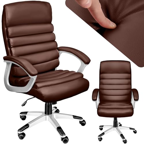 tectake® Design Bürostuhl, Schreibtischstuhl, höhenverstellbarer Chefsessel, Arbeitsstuhl, Bürostuhl ergonomisch, Drehstuhl mit Armlehnen und Wippfunktion, Softpolterung, Wellendesign - braun von tectake