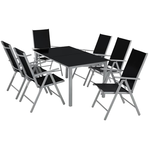 tectake® Sitzgarnitur Aluminium Klappstühle, Lounge Set mit 6X Stühle und 1x Glastisch Esstisch, Gartenmöbel Set wetterfest für den Balkon, Gartenstühle, Terrassenmöbel, Liegestuhl - Silber von tectake