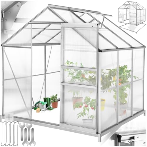 tectake® Aluminium Gewächshaus, 190x185x195 cm, Treibhaus, Tomatenhaus, Frühbeet, Pflanzenhaus, UV beständig, 4 mm Platte, Schiebetür & Dachfenster, Schutz vor Kälte, Regen und Frost - mit Fundament von tectake