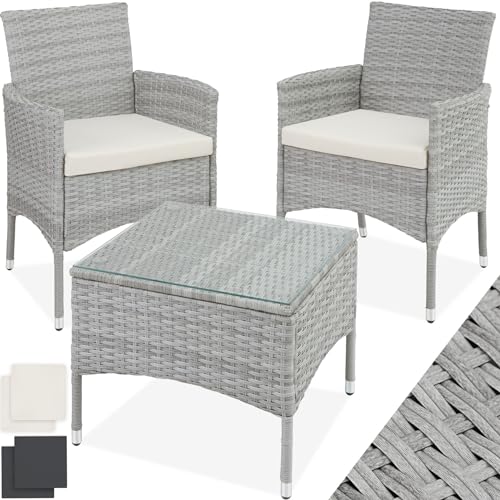tectake® Poly Rattan Möbel Gartenset mit Wechselbezügen, 2 Stühle und Tisch mit Glasplatte, 2X Outdoor Lounge Sessel mit Armlehne und Gartentisch, Gartenmöbel Set, Balkonmöbel - hellgrau von tectake
