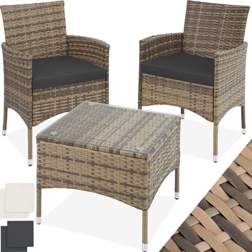 tectake® Poly Rattan Möbel Gartenset mit Wechselbezügen, 2 Stühle und Tisch mit Glasplatte, 2X Outdoor Lounge Sessel mit Armlehne und Gartentisch, Gartenmöbel Set, Balkonmöbel - Natur von tectake