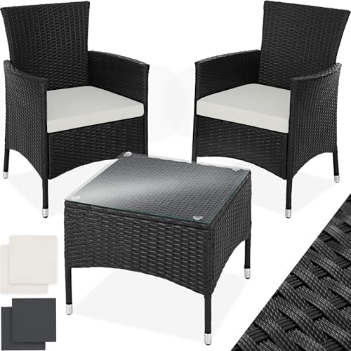 tectake® Poly Rattan Möbel Gartenset mit Wechselbezügen, 2 Stühle und Tisch mit Glasplatte, 2X Outdoor Lounge Sessel mit Armlehne und Gartentisch, Gartenmöbel Set, Balkonmöbel - schwarz von tectake