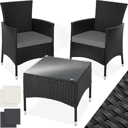 tectake® Poly Rattan Möbel Gartenset mit Wechselbezügen, 2 Stühle und Tisch mit Glasplatte, 2X Outdoor Lounge Sessel mit Armlehne und Gartentisch, Gartenmöbel Set, Balkonmöbel - schwarz von tectake