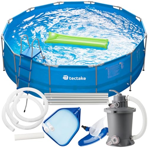 tectake® Swimming Pool Komplettset, Schwimmbecken für Garten, Aufstellpool oval, Outdoor Swimmingpool, Pool groß mit Zubehör, Schwimmbad mit Stahlrahmenbecken, Framepool - Blau | Ø 450 cm von tectake