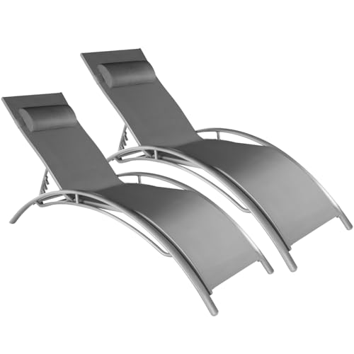 tectake 2er Set Gartenliege, Aluminium Sonnenliege, wetterfest, ideal für Garten, Balkon, Terrasse, praktischer Liegestuhl, inklusive Kopfpolster, 5-Fach verstellbare Rückenlehne - grau von tectake