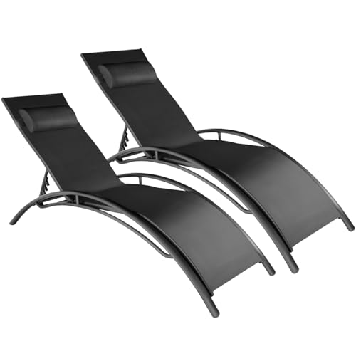 tectake 2er Set Gartenliege, Aluminium Sonnenliege, wetterfest, ideal für Garten, Balkon, Terrasse, praktischer Liegestuhl, inklusive Kopfpolster, 5-Fach verstellbare Rückenlehne - schwarz von tectake