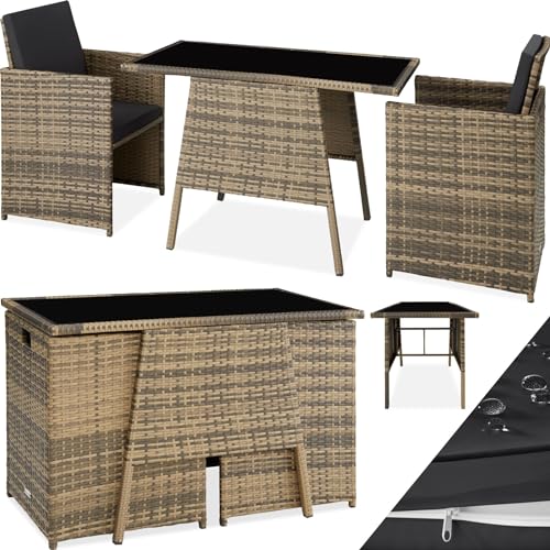 tectake® Poly Rattan Sitzgruppe für 2 Personen, Outdoor Möbel platzsparend zusammenschiebbar, 2 Sessel & 1 Tisch, ideales Balkon Lounge Set, Gartenmöbel, Terrassenmöbel wetterfest - Natur von tectake