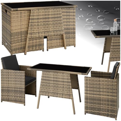 tectake® Poly Rattan Sitzgruppe für 2 Personen, Outdoor Möbel platzsparend zusammenschiebbar, 2 Sessel & 1 Tisch, ideales Balkon Lounge Set, Gartenmöbel, Terrassenmöbel wetterfest - Natur von tectake