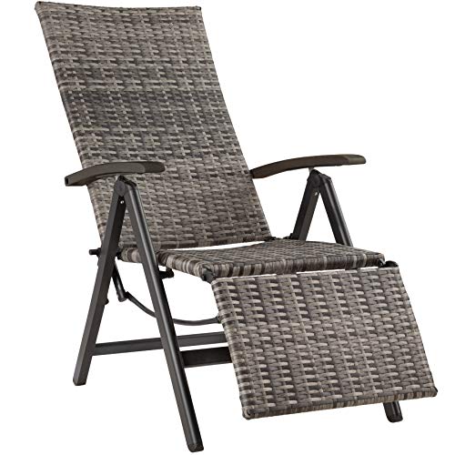 tectake® Alu Polyrattan Gartenstuhl mit Armlehnen, Campingstuhl mit 6-Fach Verstellbarer Rückenlehne, klappbar, Relaxsessel mit Liegefunktion, wetterfest, Klappstuhl mit Fußablage - grau von tectake