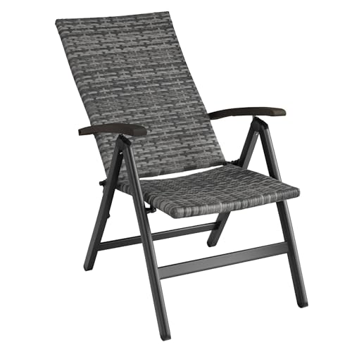 tectake® Alu Polyrattan Gartenstuhl, klappbarer Sessel mit 6-Fach Verstellbarer Rückenlehne, wetterfest, Aluminiumgestell, Campingstuhl mit Holzarmlehnen, Stuhl für Garten, Balkon, Terrasse - grau von tectake