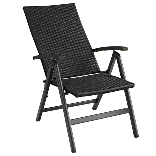 tectake® Alu Polyrattan Gartenstuhl, klappbarer Sessel mit 6-Fach Verstellbarer Rückenlehne, wetterfest, Aluminiumgestell, Campingstuhl mit Holzarmlehnen, Stuhl für Garten, Balkon, Terrasse - schwarz von tectake