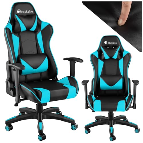 tectake Gaming Stuhl, Bürostuhl ergonomisch, Computerstuhl mit hoher Rückenlehne, Gaming Sessel, PC Stuhl, inkl. Lordosenstütze und Nackenkissen, Racing Stil - schwarz/Azur von tectake