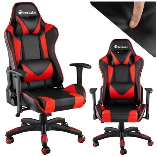 tectake Gaming Stuhl, Bürostuhl ergonomisch, Computerstuhl mit hoher Rückenlehne, Gaming Sessel, PC Stuhl, inkl. Lordosenstütze und Nackenkissen, Racing Stil - schwarz/rot von tectake