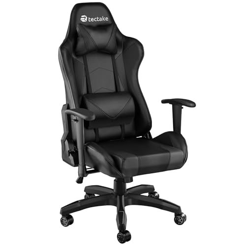 tectake Gaming Stuhl, Bürostuhl ergonomisch, Computerstuhl mit hoher Rückenlehne, Gaming Sessel, PC Stuhl, inkl. Lordosenstütze und Nackenkissen, Racing Stil - schwarz von tectake